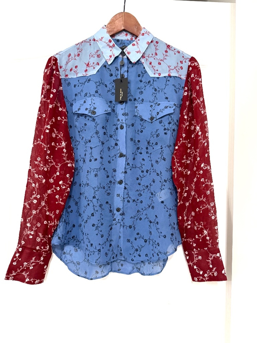 NWT rag & bone Wyatt Patchwork Silk-Feel Western Floral Shirt Size XS